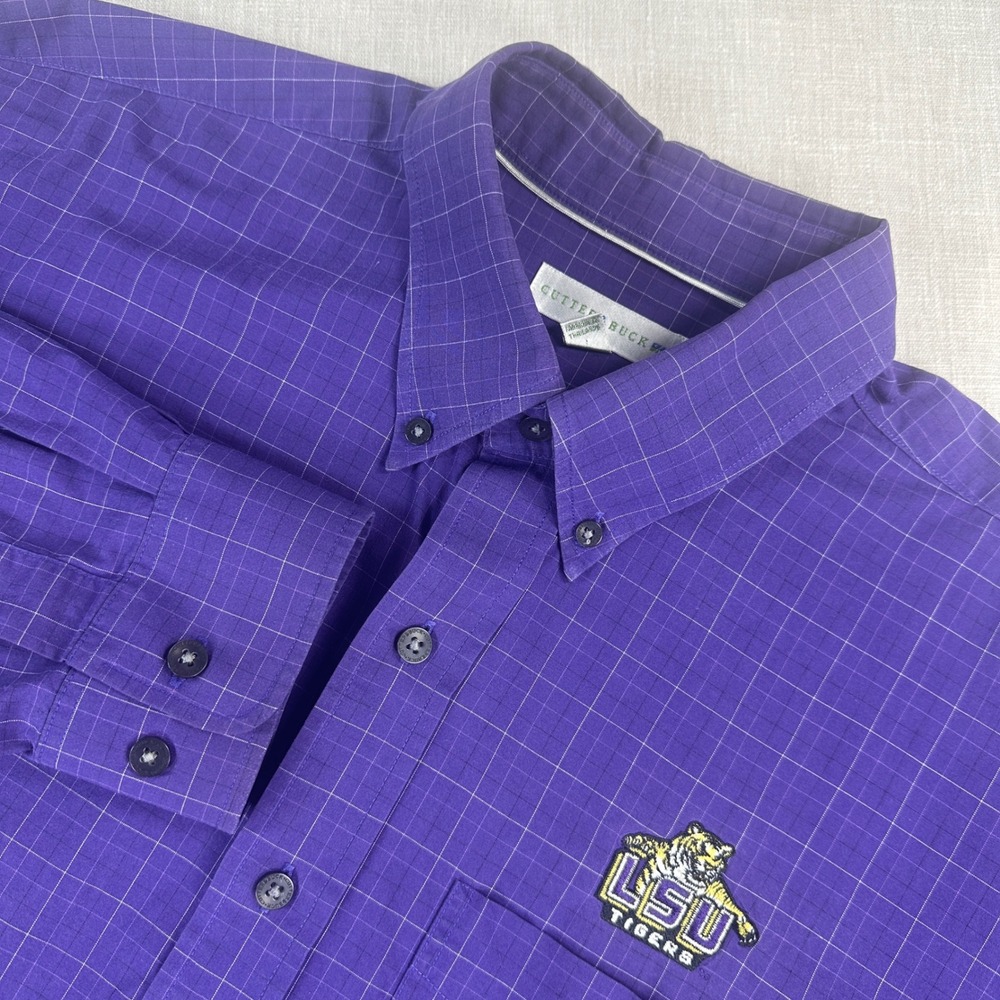 Cutter & Buck LSU Tigers Shirt Mens Large Purple Grid Long Sleeve Button Down